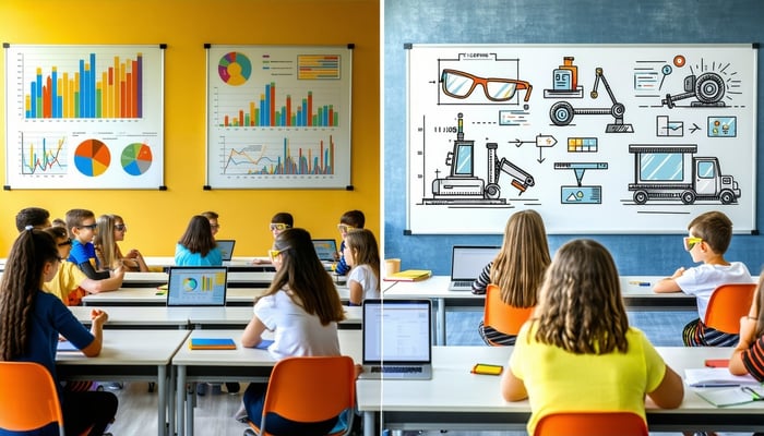 The image features a splitscreen design showcasing two contrasting classrooms On the left a bright and organized space dedicated to commercial bookkeeping with students engaged in discussions around colorful charts and financial statements Desks are-1